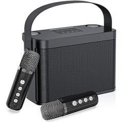 Karaoke iekārta, Bluetooth karaoke sistēma ar 2 mikrofoniem pieaugušajiem un bērniem, pārnēsājama PA sistēma, skaļrunis ar mobilā tālruņa turētāju/USB/TF karti/AUX-in, mājas ballītei, āra/iekštelpu, melns