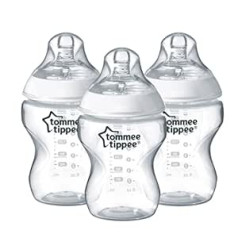 Tommee Tippee Closer to Nature zīdaiņu pudelītes, krūtīm līdzīgs knupītis ar pretkolikas vārstu, 260 ml, iepakojums pa 3, caurspīdīgs