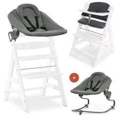 Hauck Alpha Plus komplekts jaundzimušajam ar Premium Bouncer - Koka zīdaiņu augstais krēsls no dzimšanas ar guļus funkciju - Īpaši plakans stiprinājums jaundzimušajiem un kokvilnas sēdekļa paliktnis - balts