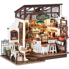 Rolife Dollhouses miniatūru māju komplekts ar mēbelēm un LED gaismas leļļu namiņa koka modeļu komplekti pieaugušajiem un bērniem Ziemassvētku dāvanu būvēšanai ģimenei (kafejnīca Nr.17)