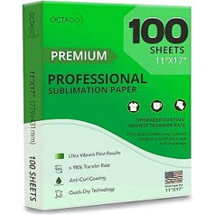 Octago Premium sublimācijas papīrs (11 x 17 collas) krāsu sublimācijas papīrs — darbojas ar sublimācijas sagatavēm, sublimācijas printeriem, sublimācijas printeriem un viegliem polimēriem — 100 loksnes