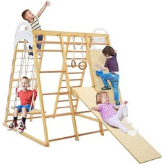 COSTWAY Indoor Climbing Frame, 8-in-1 Rope Ladder & Pull Up Bar & Gym Rings & Ladder & Slide & Climbing Net & Climbing Rocks & Swing, Indoor Playground from 3 Years (Natural)