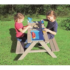 Sand Water Play Table Children's Seat Set Solid Wood Table with Benches Removable Table Top and 2 Play Tubs Mud Boxes Sand Box / Weather Resistant