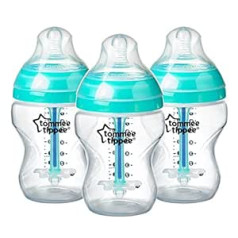 Tommee Tippee uzlabotā pretkoliku pudelīte zīdaiņiem, krūtīm līdzīgs knupis un siltuma sensora tehnoloģija, 260 ml, iepakojums pa 3, caurspīdīgs