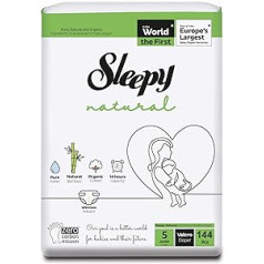 Sleepy Natural Baby autiņbiksītes, 5. izmērs (11–18 kg) — ikmēneša kastīte jutīgiem zīdaiņiem, 144 gabali (2 iepakojumi pa 72)