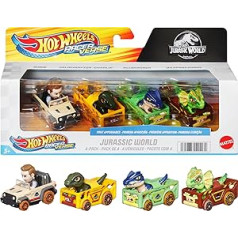 Hot Wheels RacerVerse HKD32 Racer Verse 4 pack die-Cast Vehicles un Jurassic World Charlie, Owen, Dilophosaurus un Allosaurus vadītāji