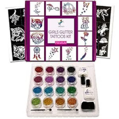 INGALA Premium Glitter Tattoo Set Girls | Profesionalus blizgučių tatuiruočių rinkinys vaikams ir šeimoms | 74 detalūs laikinųjų tatuiruočių trafaretai | 2 XL (15 ml) kūno klijai