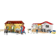 SCHLEICH Farm World 42485 zirgu stallis, bērniem no 3 gadu vecuma, rotaļu komplekts un 42502 veterinārā prakse ar mājdzīvniekiem, bērniem no 3 gadu vecuma, Farm World — rotaļu komplekts