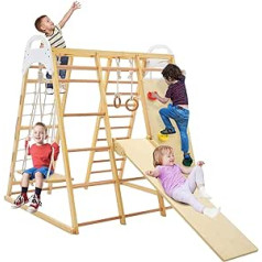 GOPLUS 8-in-1 Children's Climbing Triangle, Indoor Playground with Ladder, Monkey Poles, Gym Rings, Slide, Climbing Net, Climbing Rocks & Swing, Wooden Climbing Frame for 4 Children from 3 Years