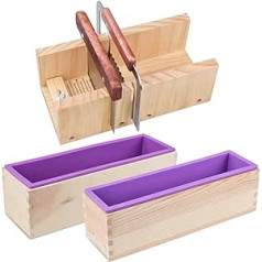 AOFOX Wooden Soap Loaf Mould and Soap Cutter Set - 2 Pieces Rectangle Silicone Mould of Different Sizes with Wooden Box and 1 Piece Stainless Steel Straight Cutter and 1 Piece Wave Cutter