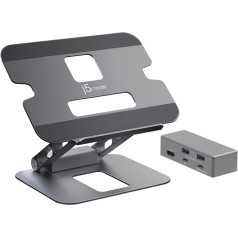 J5 Create Ergonomiškas stovas nešiojamam kompiuteriui su prijungimo stotele j5create kelių kampų 4k prijungimo stovas usb-c 1x4k hdmi/2xusb 3.1/1xusb-c/; sidabro spalvos jts327-n