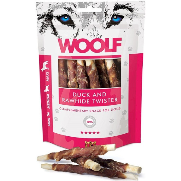 Woolf duck rawhide twister treat for dogs 100g