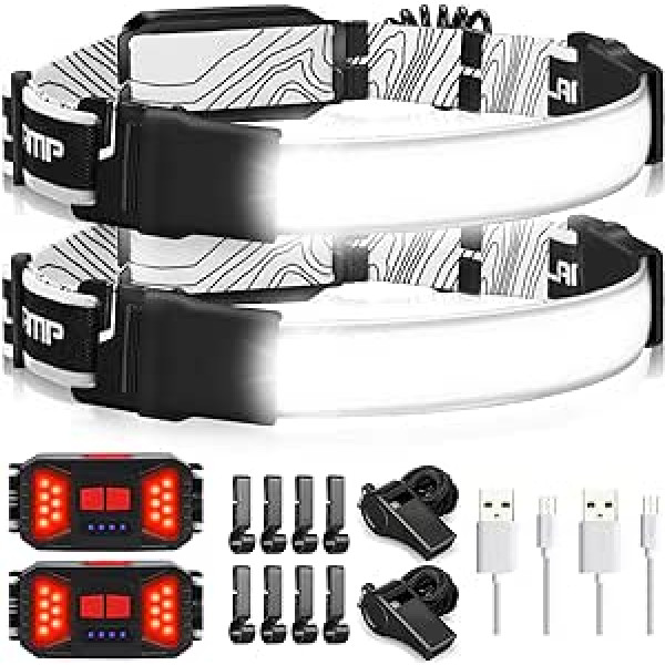 Adelante LED Headlamp, 1000LM 230° Wide Beam USB Rechargeable Headlamp with Taillight (Customized Operation) and 8 Clips, Waterproof Headlamp for Running and Camping (Pack of 2)