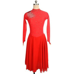 YDHTIZ Competition Training Athletic Female Lyrical Women Adult Figure Ice Skating Dress Red Turtleneck Long Sleeves Rhinestone Gymnastics Long Costumes