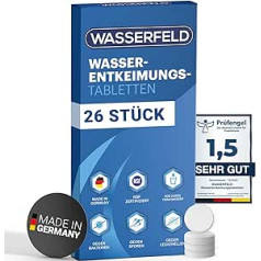 WASSERFELD® vandens sterilizavimo tabletės [26 vnt.] – Pagaminta Vokietijoje – NSF patikrintos vandens valymo tabletės 2 600 l geriamojo vandens – avarinė įranga – geriamojo vandens ruošimas