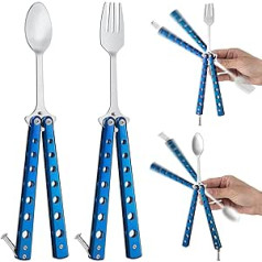 2 Pieces Butterfly Fork and Spoon Set, Tactical Butterfly Spoon, Foldable Stainless Steel Butterfly Fork for Travel, Barbecue, Kitchen, Camping, Hunting (Blue)