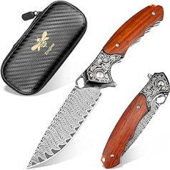 Zingbee Damask Pocket Knife, High-Quality VG10 Damascus Steel Blade, Yellow Sandalwood Handle, EDC Folding Knife, One-Handed Knife for Hiking, Camping, Collecting, Hunting