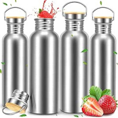 4 pack Camping ūdens pudele no nerūsējošā tērauda 32 oz liela metāla ūdens pudele ar rokturi un bambusa vāku, necaurlaidīga, viegla, vienas sienas nerūsējošā tērauda sporta ūdens pudele