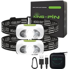 King-Pin LED įkraunamas priekinis žibintas su judesio jutikliu, IPX5 atsparus vandeniui, 2 uncijų itin lengvas priekinis žibintas bėgiojimui, bėgimui, nakčiai žvejybai, pasivaikščiojimui, šuniui, stovyklavimui, skaitymui