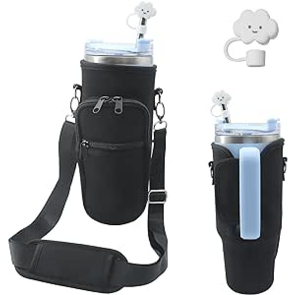 flewfun Water Bottle Bag with Phone Pocket Compatible with Stanley 1.2L Tumbler Accessories, black, Mug Shopping Bag 01