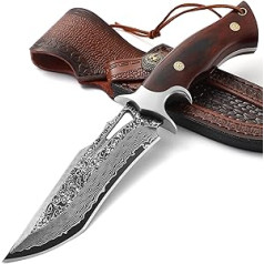 Omesio Damask Hunting Knife High Quality Damascus Steel Survival Knife Outdoor Damascus Knife with Sheath, Japanese Style, Wooden HRiff