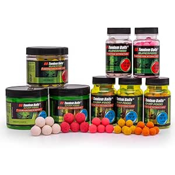 Tandem Baits Set of 8 Carp Pop Up Boilies Box XL Bait Set | Fluo Pop Up 16 mm | Perfection Pop Up 16 mm | Mini Pop Up 12 mm | Fluo Mini Pop Up 12 mm | Karpu piederumi profesionāļiem un hobiju makšķerniekiem