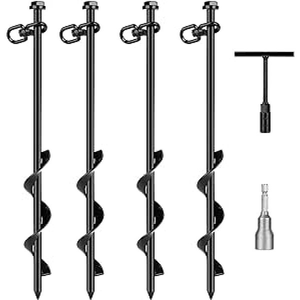 Ground anchor for screwing in, 4 pieces, ground anchor, ground anchor, 40 cm, steel screw in ground anchor with earth drill adapter and metal cross handle, trampoline ground anchor for camping, tents,