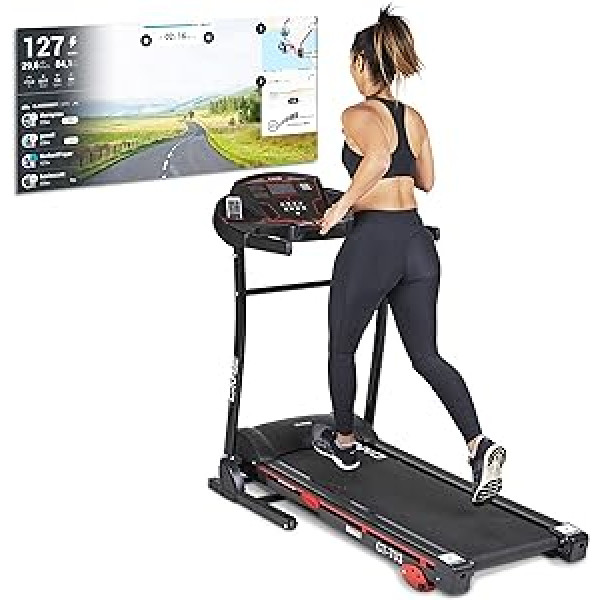 Care Fitness CT-703 saliekamais motorizētais skrejceļš — līdz 16 km/h — staigāšana, futbols un skriešana mājās — 18 treniņu programmas — manuāla noliekšana 3 līmeņos — Kinomap savienojamība, melna