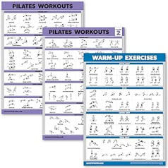 Pilates treniņu plakātu komplekts, 1. un 2. sējums + iesildīšanās rutīna — Pilates paklāja darba vingrinājumi — fitnesa diagrammas (18 x 24, laminētas) 3 iepakojumā