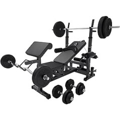 GORILLA SPORTS® spēkstacija ar hanteles komplektu 100 kg ar stieņa statīvu, stieņa vilkšanu, tauriņu un kāju locīšanu, regulējams, balts/melns, daudzfunkcionāls svaru sols, treniņu sols, fitnesa stacija