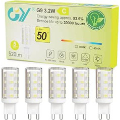 GY G9 LED spuldze, silti balta, 3000 K, silti balta LED spuldze, 3,2 W, kas atbilst 50 W halogēna spuldzei, G9 spuldze, 520 lūmeni, nemirgo, nav regulējams, enerģijas taupīšanas G9 mazā spuldze, komplekts