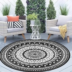 Cekene Outdoor Rug Round 150cm Waterproof Reversible Camping Mat Carpet Portable Plastic Rugs for Patio Easy Clean Large Floor Area Deck Picnic Black White