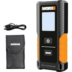 WORX staru meklētāja sienas skeneris 3,7 V WX085, 3 in-1 multimodāls, koka sija, ģipškartona un maiņstrāvas kabelis, metāla detektors, uzlabota viedā stieņa sensora tehnoloģija, HD LCD displejs