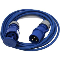 5 Metre camping / outdoor mains power hookup IP44 16amp blue 240v Cable. 16Amp Commando plug to socket extension lead made from High quality Connectors and Blue Arctic grade 240v BS6500 3 core cable wit a rating of 16 Ampees