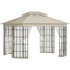 Outsunny Gazebo Garden Gazebo 3.65 x 3 m Garden Tent Marquee Party Tent with 4 x Mosquito Nets Breathable Double Roof Metal Polyester Black + Beige