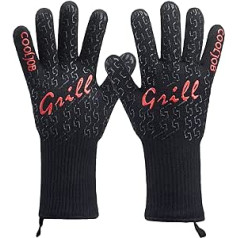 COOLJOB BBQ Gloves Heat Resistant with Non-Slip Silicone Oven Gloves with Fingers for Grill, Baking, Cooking, Black (1 Pair)