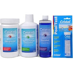 Cristal Water Care Starter Set 5 dalys, skirtos 1–20 m³ baseinams – chloro granulės, greitai ištirpstančios dumblių prevencijos putos, be putų skaidraus poveikio bandymo juostelės ir priežiūros brošiūra