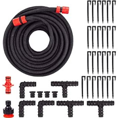 Grafner 15 Metre Pearl Hose Starter Set, 23 Pieces with Ground Anchor, Corner Connector, T-Connector, End Plugs and Click Connectors, Water-Saving Irrigation Hose, Drip Hose