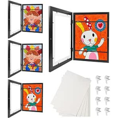 Wuciray Picture Frame Children's Drawings A4 with 20 Drawing Paper, Fillable Frame, Removable Frame, Children's Pictures, Hinged, 2/4 Pieces (Black, 4)