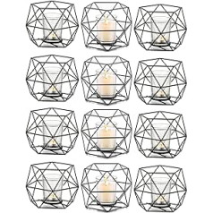 Hewory Tea Light Holder Candle Holder Black Metal, Set of 12 Geometric Decoration Black Tea Light Holder Glass Tea Light Holder Black for Living Room Decoration Modern Bedroom Decoration Wedding Table