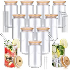 12 Pack Beer Can Glass with Bamboo Lid and Straw, 16 Ounce Tumblers, Can Cups, Glass Cups, Reusable Beer Can Mould, High Borosilicate Glass, Ideal for Smoothies, Juice, Soda