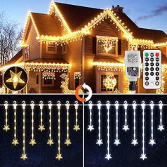 Ziemassvētku noformējums āra GREEMPIRE 300 LED 10 m gaismas aizkars Silts balts Vēss White Stars Fairy Lights Aizkars Izvēršams IP65 Ūdensizturīgs Ziemassvētku apgaismojums iekštelpu un āra balkoniem