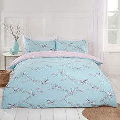 DREAMSCENE Blossom Bird Wende-Bettwäsche-Set, Blumenmuster, Bettbezug mit Kissenbezug, Entenei-Blush - Einzelbett, Duck Egg Rouge ar Rosa Vogel-Aufdruck