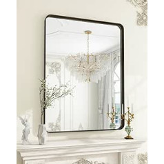 Koonmi dziļa rāmja sienas spogulis, 90 x 60 cm grezns augstas klases taisnstūrveida vannas istabas spogulis, spogulis ar šķiedrām, horizontāli vai vertikāli, piekārts, melns