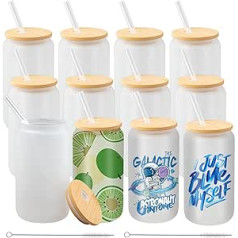 12 Pack Sublimation Glass Jars, 16 Ounce Matte Sublimation Beer Can Jar with Bamboo Lid, Clear Glass, Mason Jar, Tumbler with Glass Straw for Beer, Iced Coffee, Juice, Lemonade, Drinks