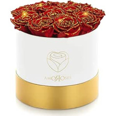 Amoroses Gold Deluxe - Gift Pack of 12 Sturdy Roses Inside - Elegant Bouquet of Real Flowers (White Box with Red Roses Gold Glitter)