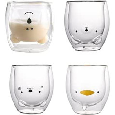 AVCXEC dvisieniai akiniai Bear 250 ml, 4 mielų dvisienių kavos stiklinių rinkinys, meškos puodelio stiklas, kūrybinės arbatos stiklinės su dvigubomis sienelėmis, moterims, vaikams, dovanų rinkinys