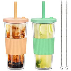 ZgoEC 24 oz Boba krūze ar vāku un salmiņu, burbuļtējas krūze ar salmiņiem, bez BPA, izolētas plastmasas glāzes ar dubultām sienām, 2 dzeramo krūzīšu komplekts ar salmiņiem, atkārtoti lietojama ledus kafijas krūze.