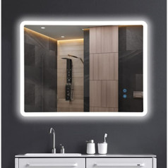GuWet sienas spogulis vannas istabas spogulis LED, vannas istabas spogulis ar apgaismojumu, 80 x 60 cm ar skārienslēdzi un pretmiglas, IP65 īpaši ūdensizturīgs, 3 krāsu temperatūra, IP44 enerģijas taupīšana A++