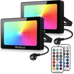 MEIHUA RGB prožektors 35 W, 2 gab. RGB LED prožektors ar tālvadības pulti IP66 ūdensizturīgs RGB prožektors, maināma krāsa, regulējams 12 krāsu 2 režīmi ar taimeri RGB prožektors āra dārza koku ainavai